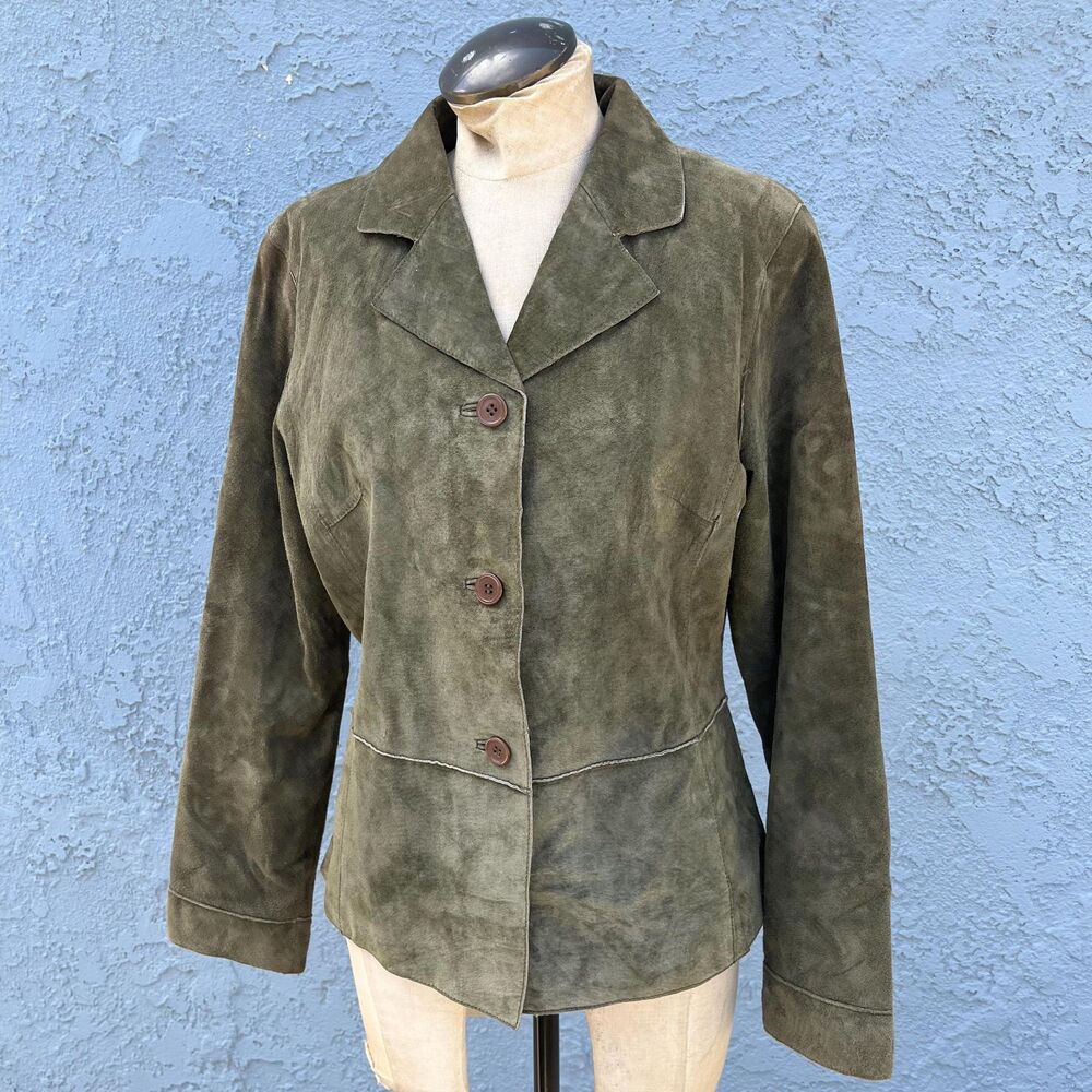 Olive Green Suede Jacket Medium Y2k luxury - Picture 4 of 8